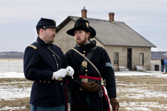 Shane Johnson of Verdigre (left) and Michael Sothan of Steele City return to Fort Hartsuff on May 17-18 for the Troop Muster.  Photo by Jenny Nguyen/NEBRASKAland Magazine