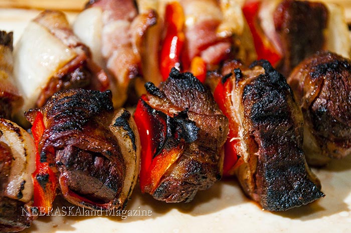 Goose kabobs. Canada goose grilled with onions and bell peppers and bacon.