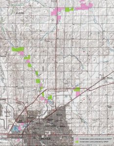 Securing conservation lands for Nebraska’s eastern saline wetlands began in the 1980s. The Saline Wetlands Conservation Partnership was formed in 2003. The lands in pink were acquired before the Partnership, and the lands in green were placed in conservation after the Partnership was established. As of 2018, the partners manage nearly 4,000 acres of land containing more than 1,600 acres of saline wetlands. 