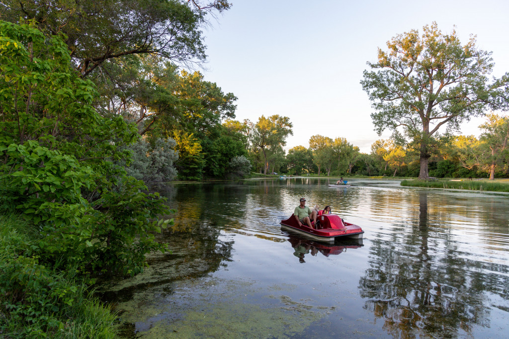Two people paddleboat at Victoria Springs SRA