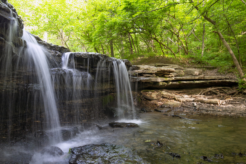 Pictured is the waterfall at Platte River State Park in Cass County. Kurrus, May 25, 2018. Copyright NEBRASKAland Magazine, Nebraska Game and Parks Commission.