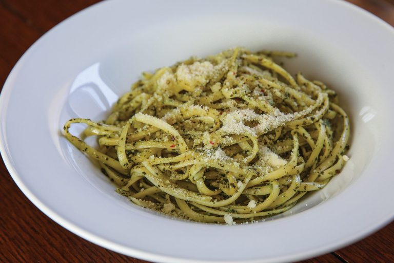 Garlic mustard pesto with pasta.