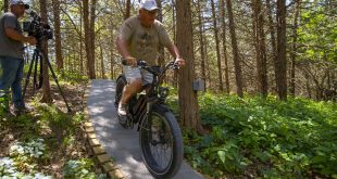 Dave Burch rides the trails at Platte River State Park for the RV There Yet? reality TV series to air on Discovery Channel.