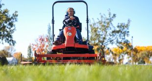 A woman mows the lawn at a state park area.