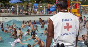 A lifeguard watches the water where dozens of people swim.