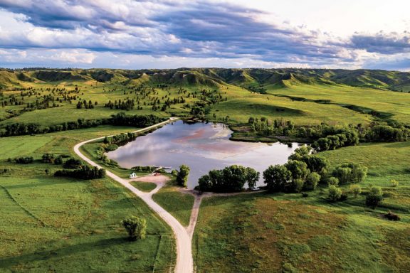 Aerial view of Carter P. Johnson Lake at Fort Robinson State Park in Nebraska