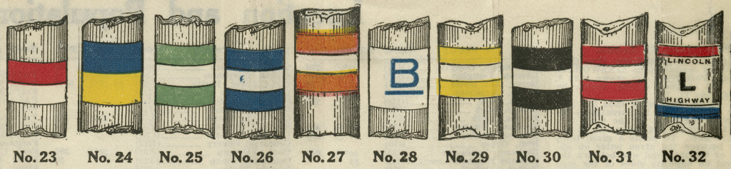 a colorful drawing of portions of telephone poles with varying colored stripes