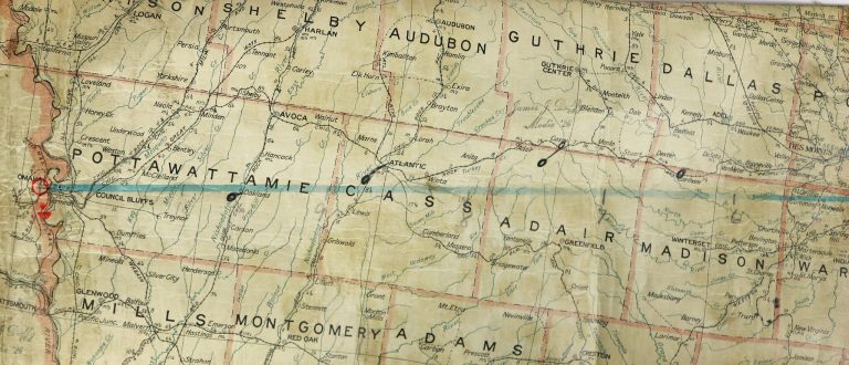 A section of J. James Duffy’s map of the Chicago to Omaha route, which he used as an airmail pilot in 1924.