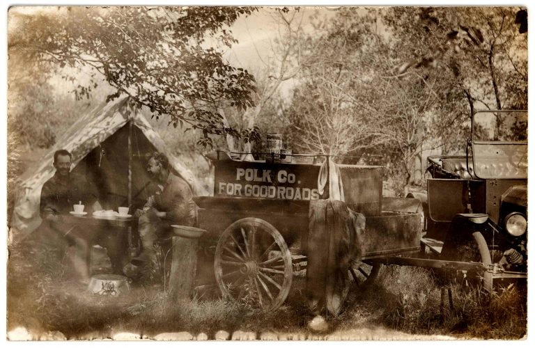 Early 1900s photo of a Good Roads crew with their automobiles in Polk County, Nebraska.