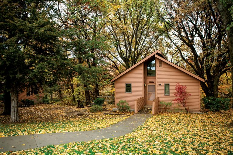 A cabin during autumn at Platte River State Park.