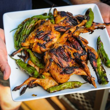 Grilled quail marinated in yogurt and curry.