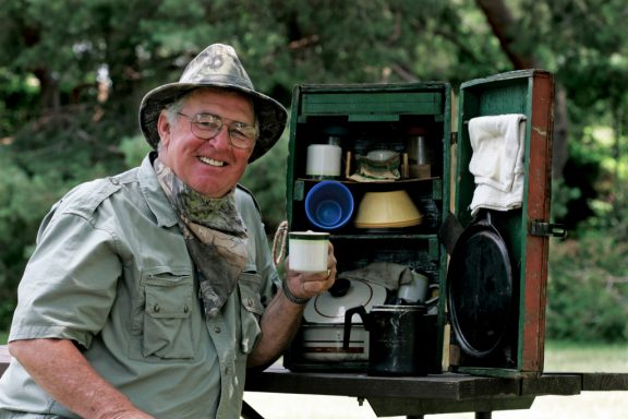 Dick Turpin poses with camping gear.