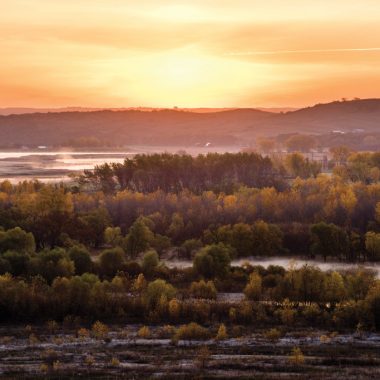 View of the Missouri and Niobrara river confluence from Niobrara State Park in fall.