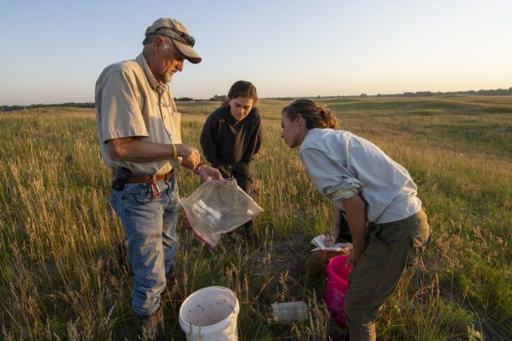 Three researchers, one older man and two women, gather data in a prairie.