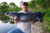 A man holds up a large flathead catfish at the edge of a sandpit lake.