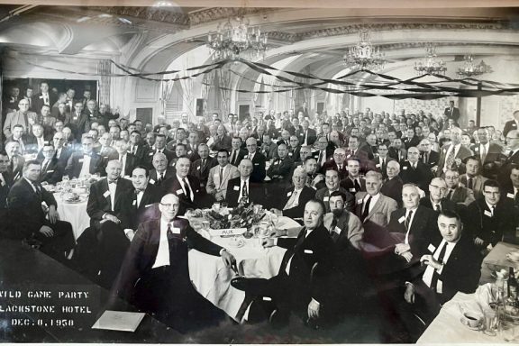 A roomful of men at the wild game party at the Blackstone Hotel in 1958.