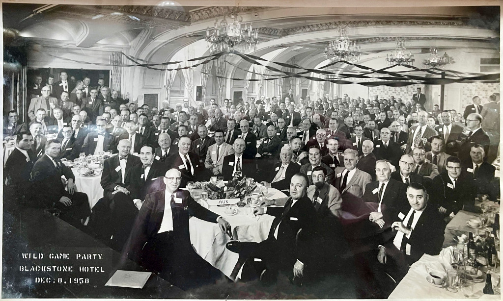 A roomful of men at the wild game party at the Blackstone Hotel in 1958.