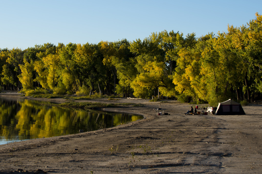 Camping and fishing on Lake Minatare shoreline