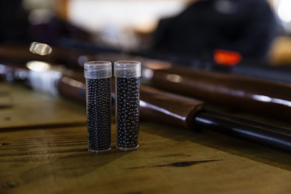 Shotgun shell pellets and a shotgun in the background.