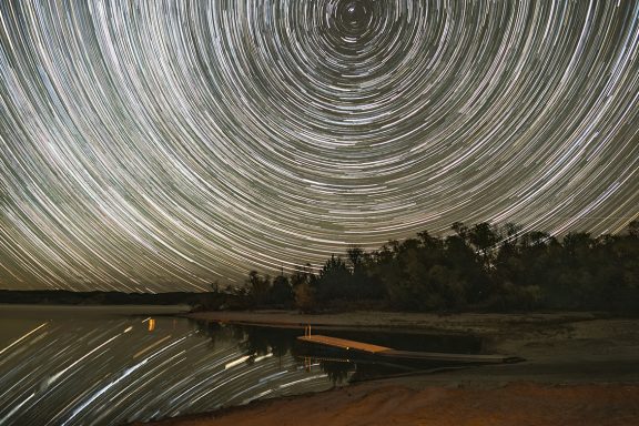 Composite of star trails above Merritt Reservoir