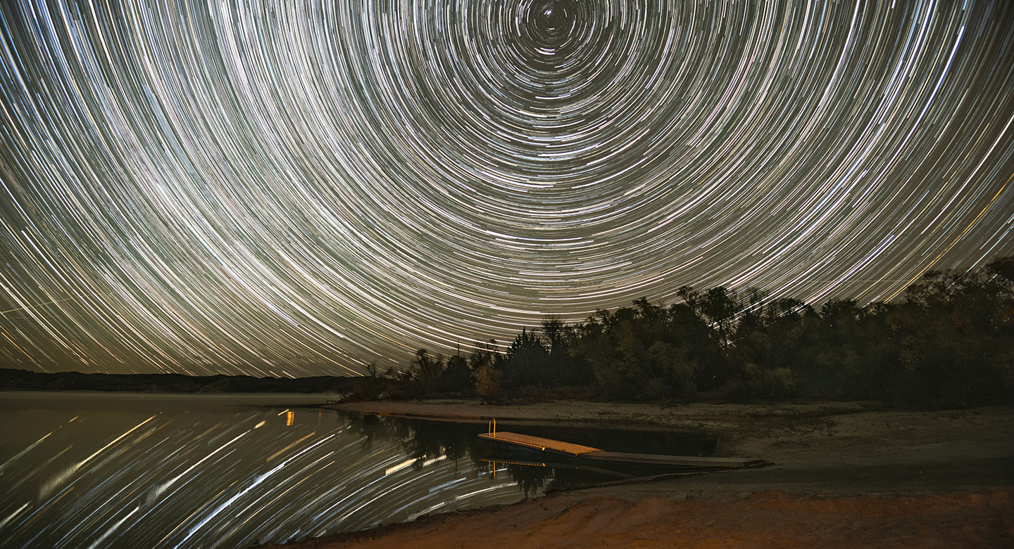 Composite of star trails above Merritt Reservoir