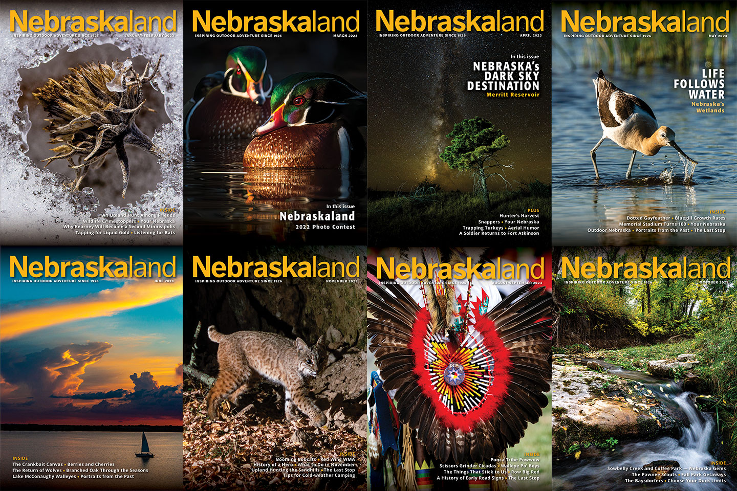 A collage of 8 Nebraskaland Magazine issues