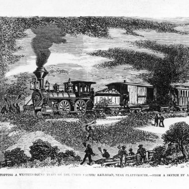 Grasshoppers could stop a train. As steel wheels crushed their bodies on the tracks, the rails became so slippery that the steam engines could gain no traction. This scene near Plattsmouth, Nebraska, appeared in Frank Leslie’s Illustrated Newspaper.