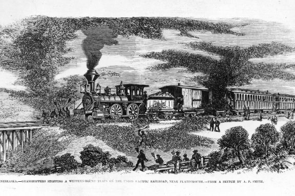 Grasshoppers could stop a train. As steel wheels crushed their bodies on the tracks, the rails became so slippery that the steam engines could gain no traction. This scene near Plattsmouth, Nebraska, appeared in Frank Leslie’s Illustrated Newspaper.