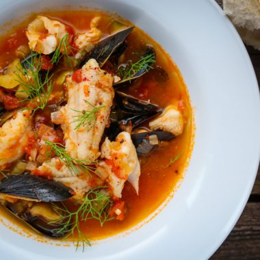 Fish stew made of walleye and mussels.