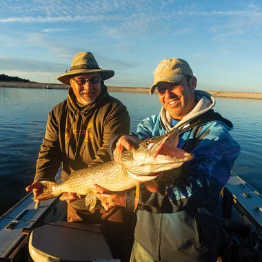 Two men catch a northern pike.