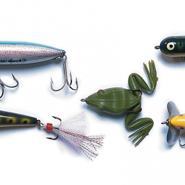 five colorful top lures used for fishing