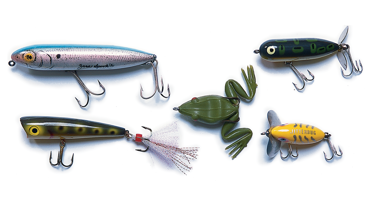 five colorful top lures used for fishing