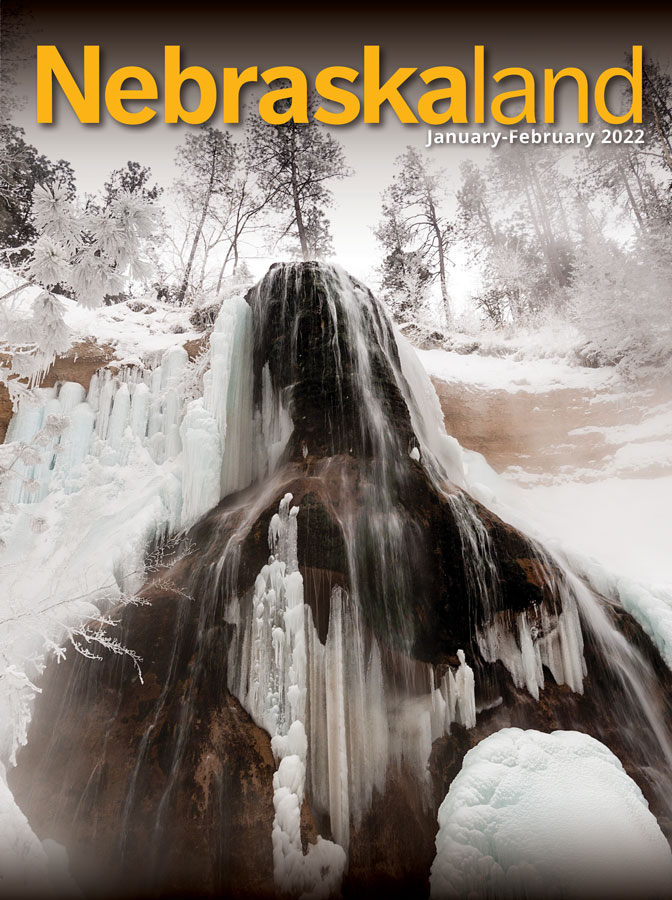 January-February 2022 cover of Nebraskaland with a frozen waterfall