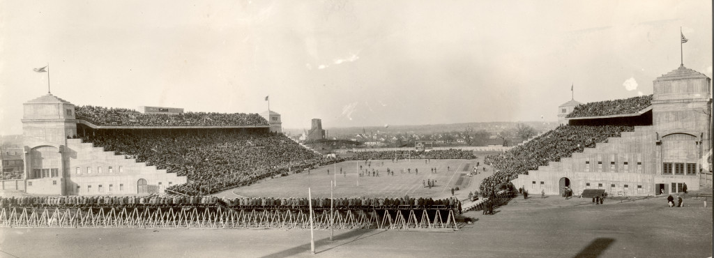 An old panoramic photos of a small football stadium