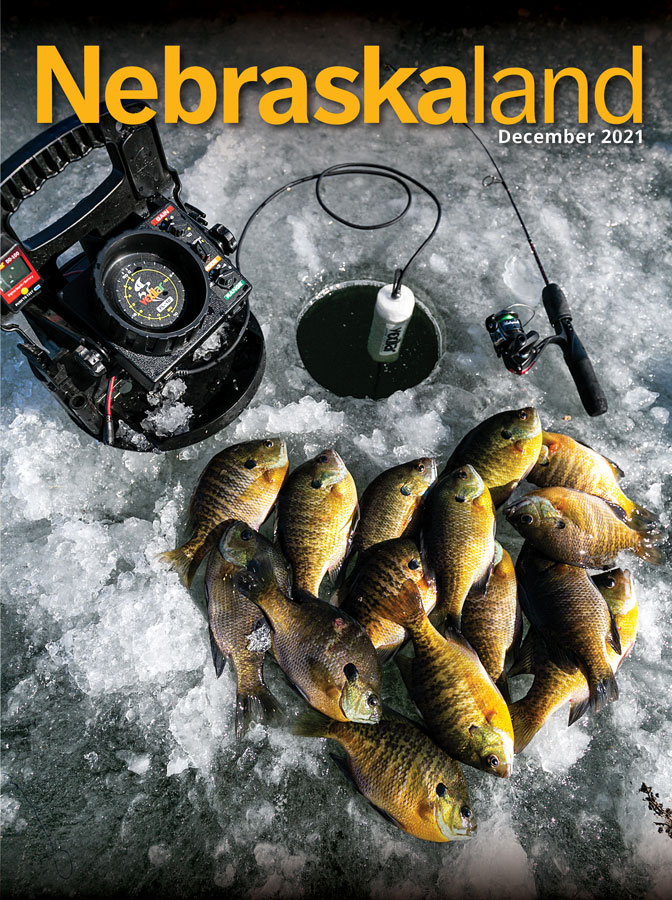 December 2021 cover of Nebraskaland with fish displayed in the shape of a heart on a frozen lake with ice fishing gear.