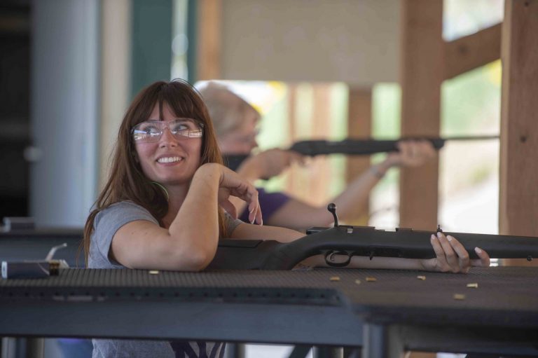 A woman practices target shooting at the range at Wildcat Hills SRA.