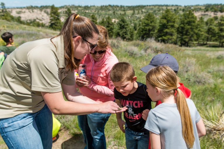 An outdoor education specialist explains a yucca seed pod to children during a hike.