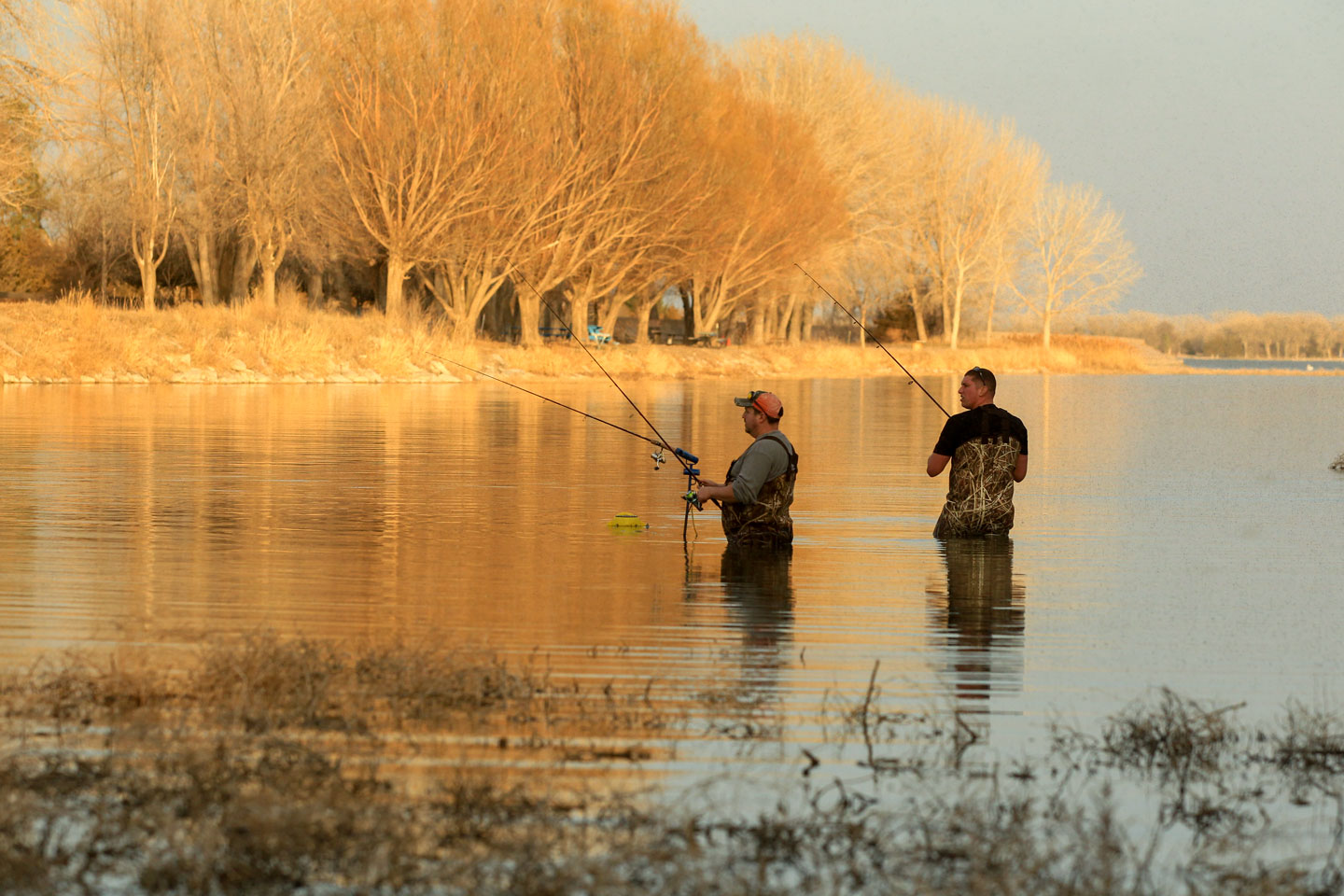 Anglers fishing at Lake Maloney SRA in early spring.