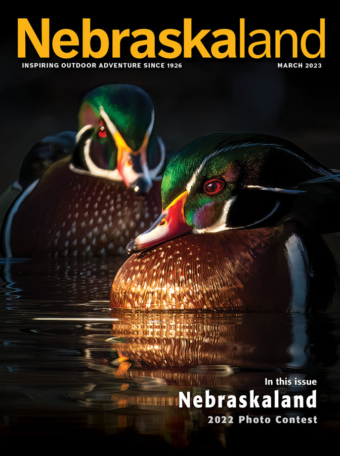 March 2023 Nebraskaland Magazine cover featuring the 2022 Nebraskaland Photo contest winner photo of two ducks in a pond.