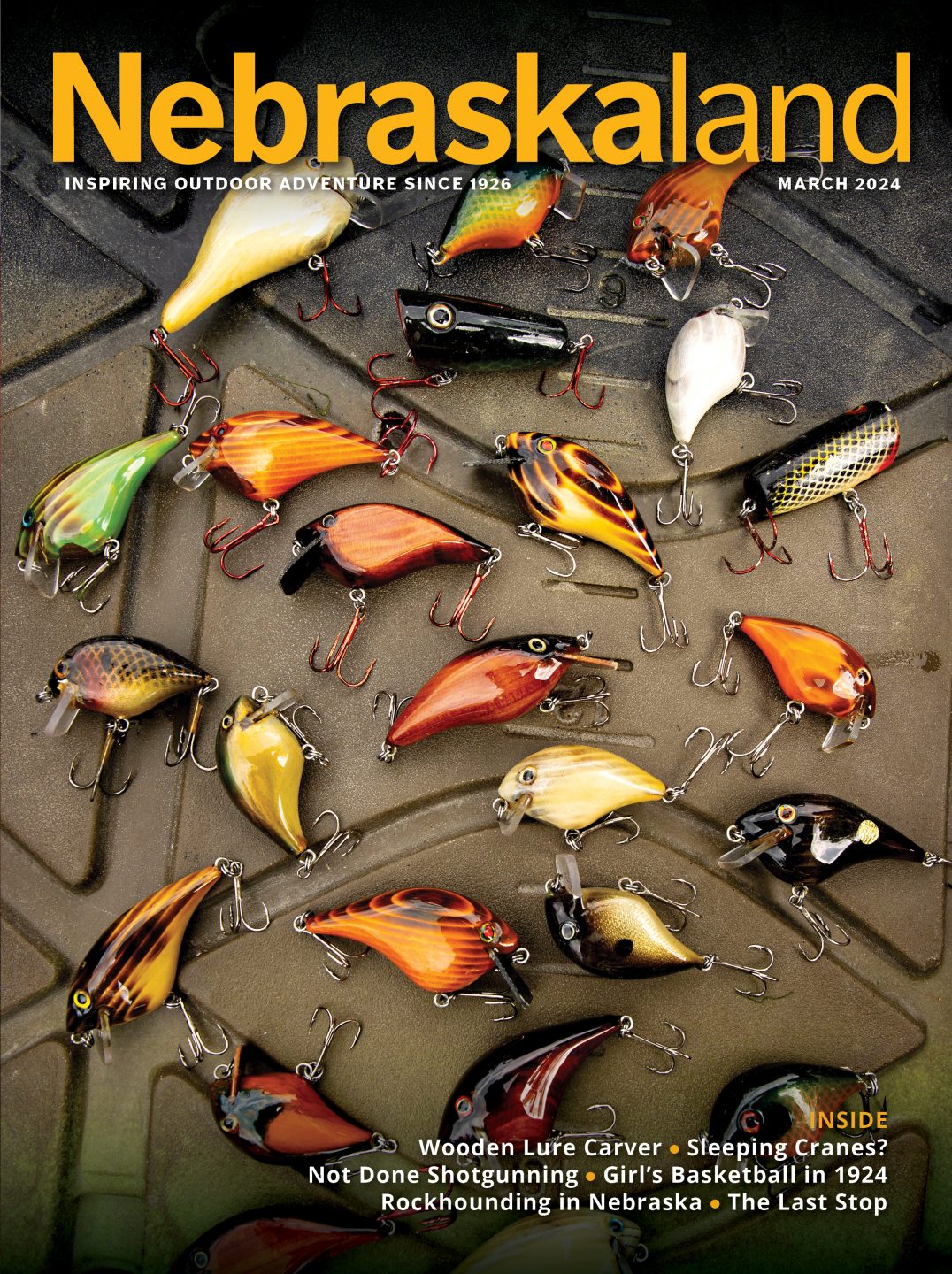 March 2024 Nebraskaland Magazine cover featuring handmade fishing lures