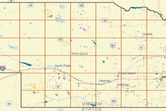 A map showing public fishing and hunting lands in Nebraska.