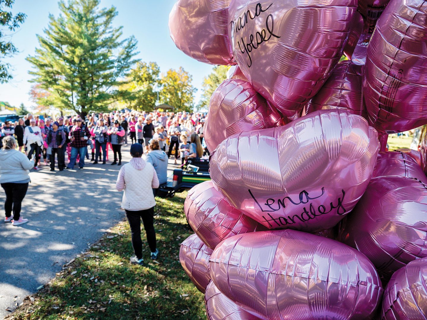 Memorial balloons pictured before the Pink Pumpkin Walk begins.