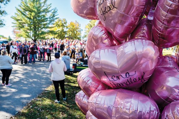 Memorial balloons pictured before the Pink Pumpkin Walk begins.