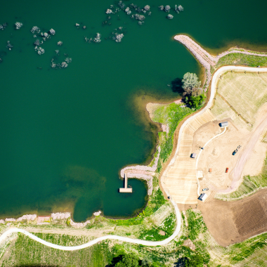 Aerial photo of Danish Alps State Recreation Area with shoreline construction.