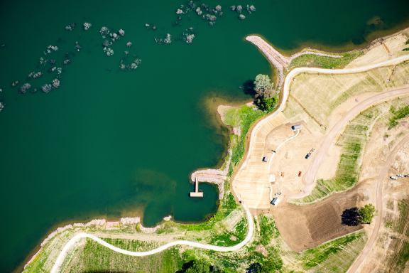 Aerial photo of Danish Alps State Recreation Area with shoreline construction.