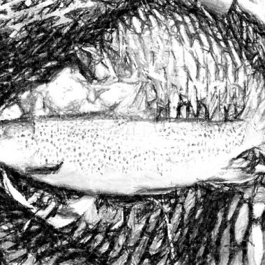 Haunting black and white image of brown trout in a landing net.