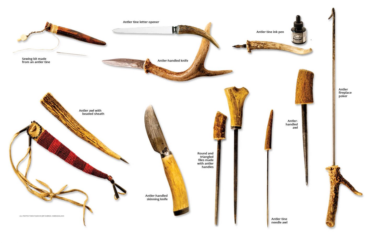 a variety of tools made from antlers isolated on white