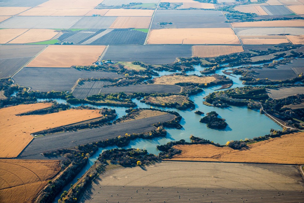 Aerial view of lake.