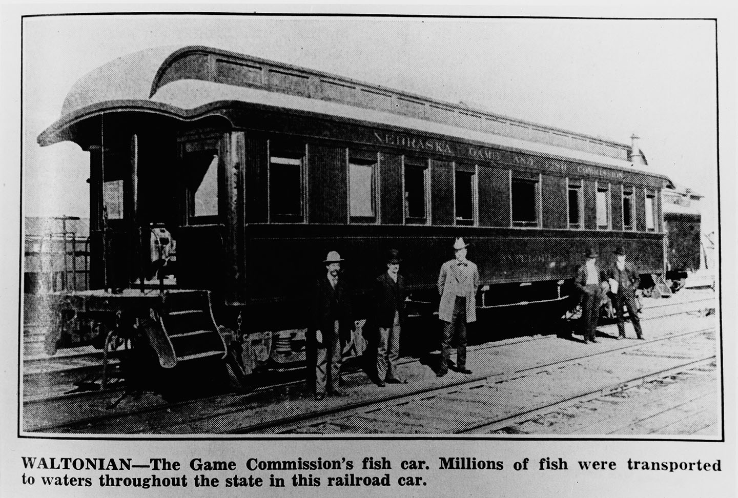 The Commission’s second fish car was originally named the Angler, later named the Waltonian. Millions of fish were transported to waters throughout the state in this railroad car until around 1931.