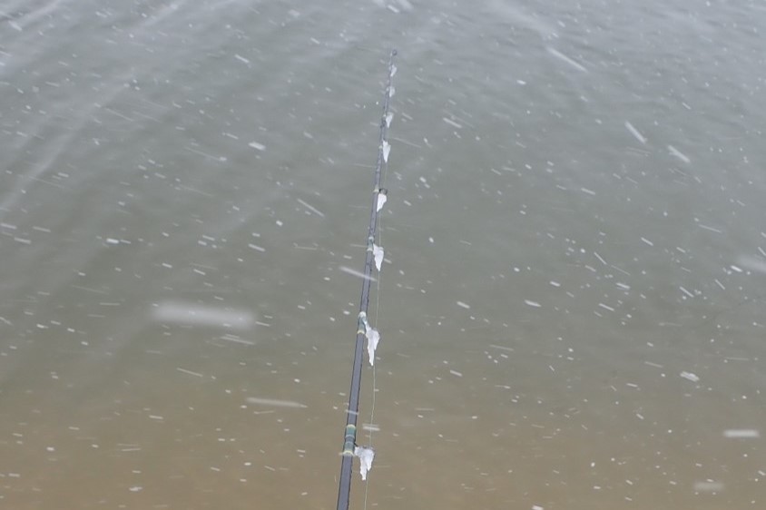 Fishing rod with ice freezing in guides.